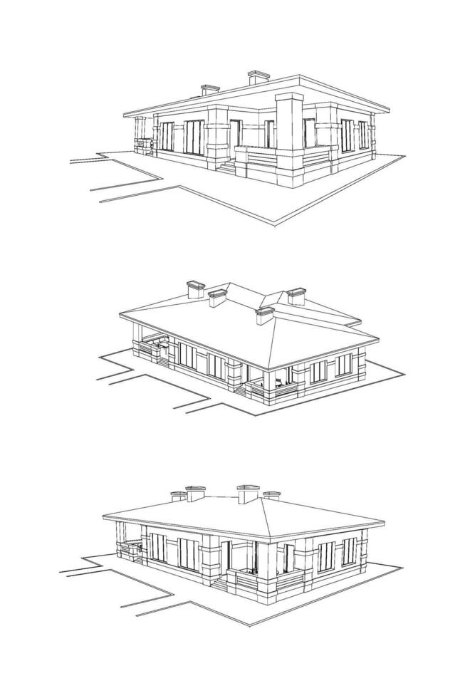 Vector set of private house facades, detailed architectural technical drawing, isometric, aerial view
