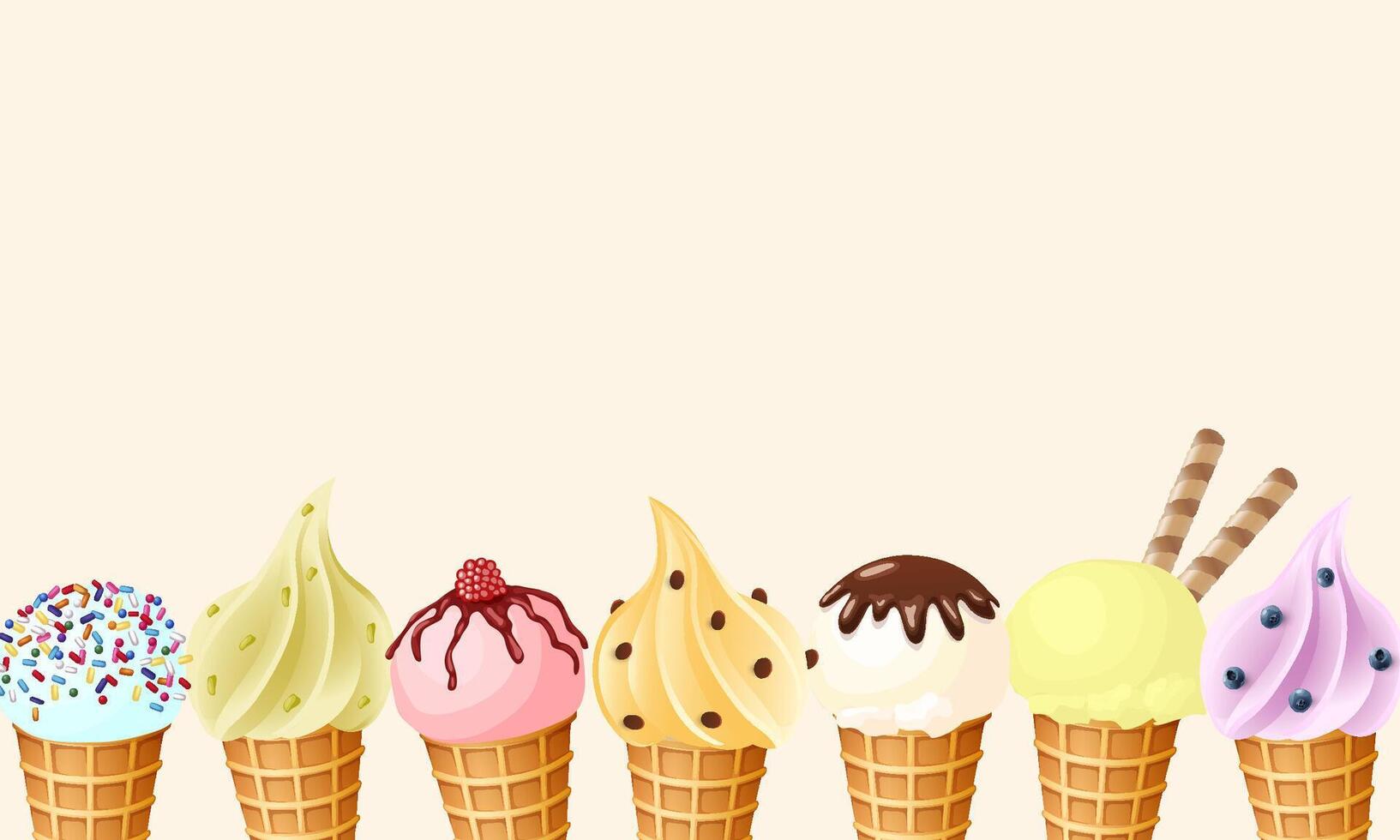 Vector background with hand drawn ice creams with different flavors and decoration.