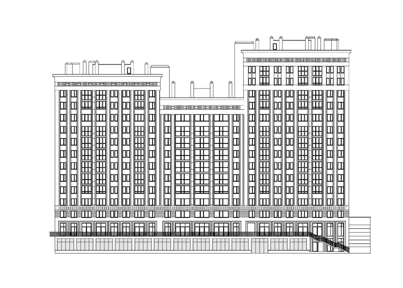 de varios pisos edificio fachada, detallado arquitectónico técnico dibujo, vector Plano