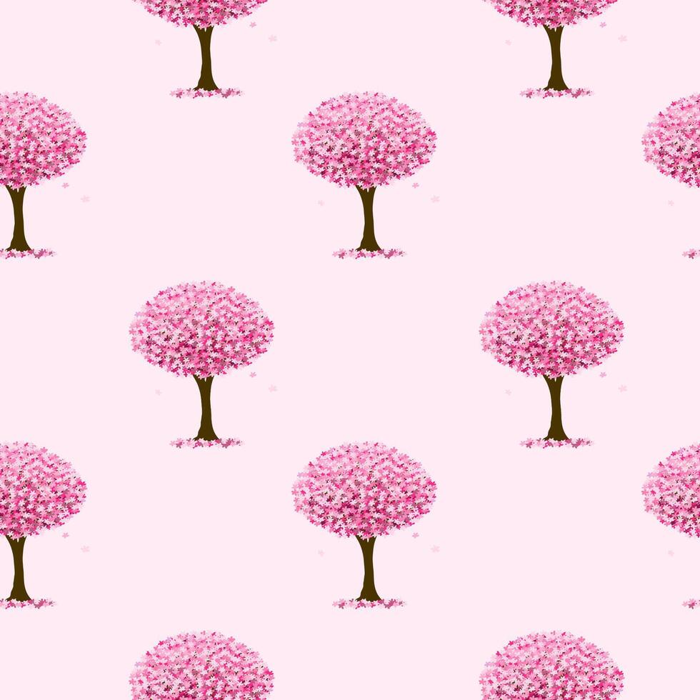 Hand drawn blooming pink sakura tree, vector seamless pattern