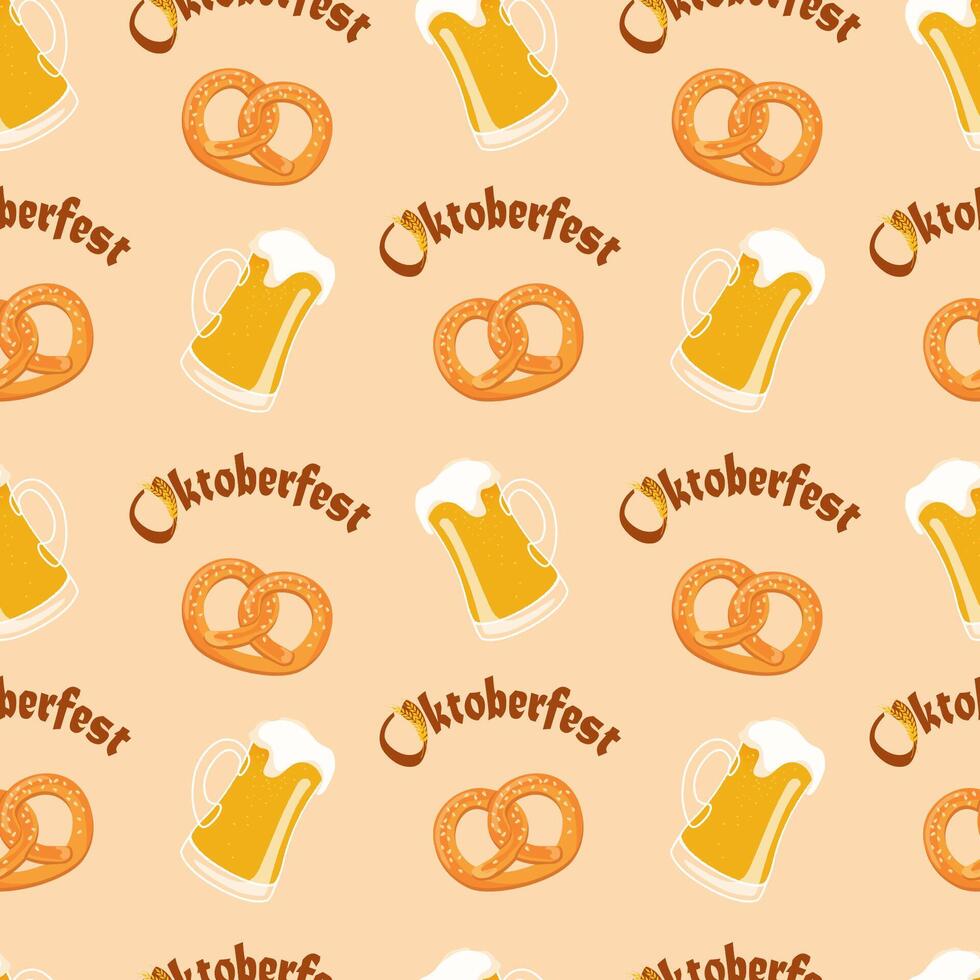 vector sin costura modelo de Oktoberfest letras, pretzels y cerveza tazas