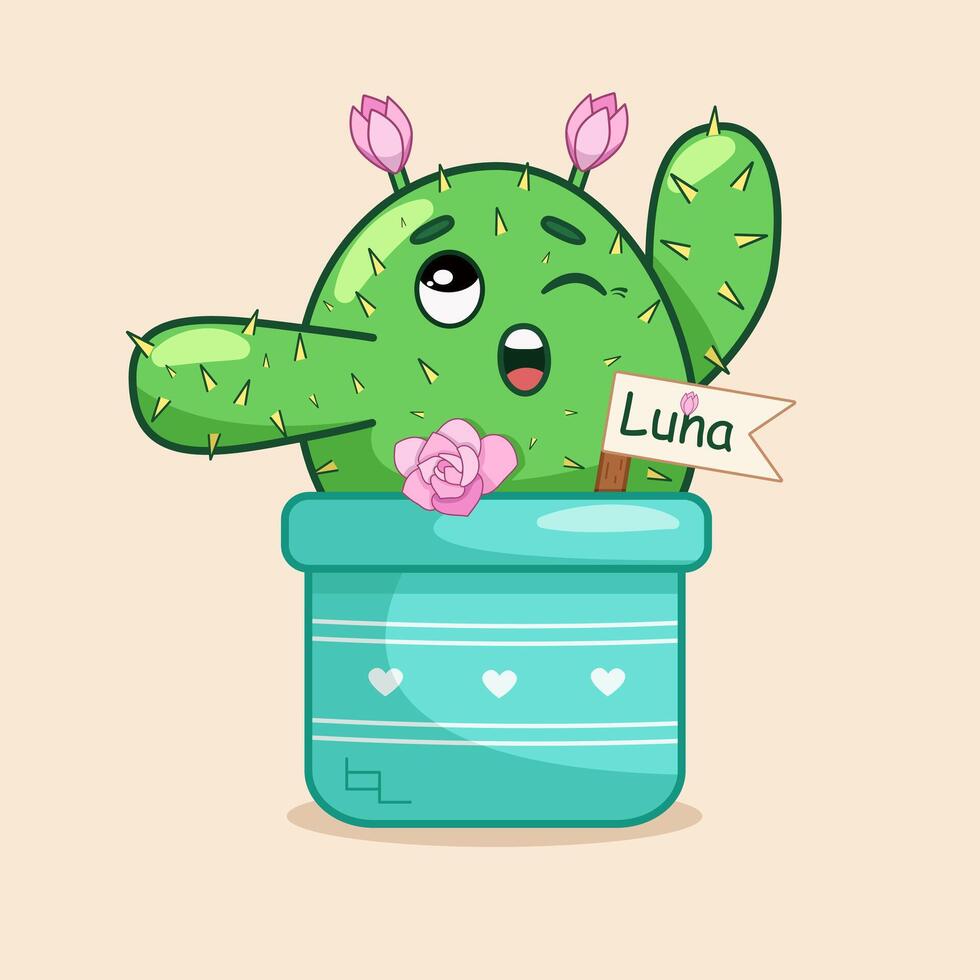 vector ilustración de un linda cactus ese despierta arriba y se estira, personaje, para pegatina, para niños, imprimible