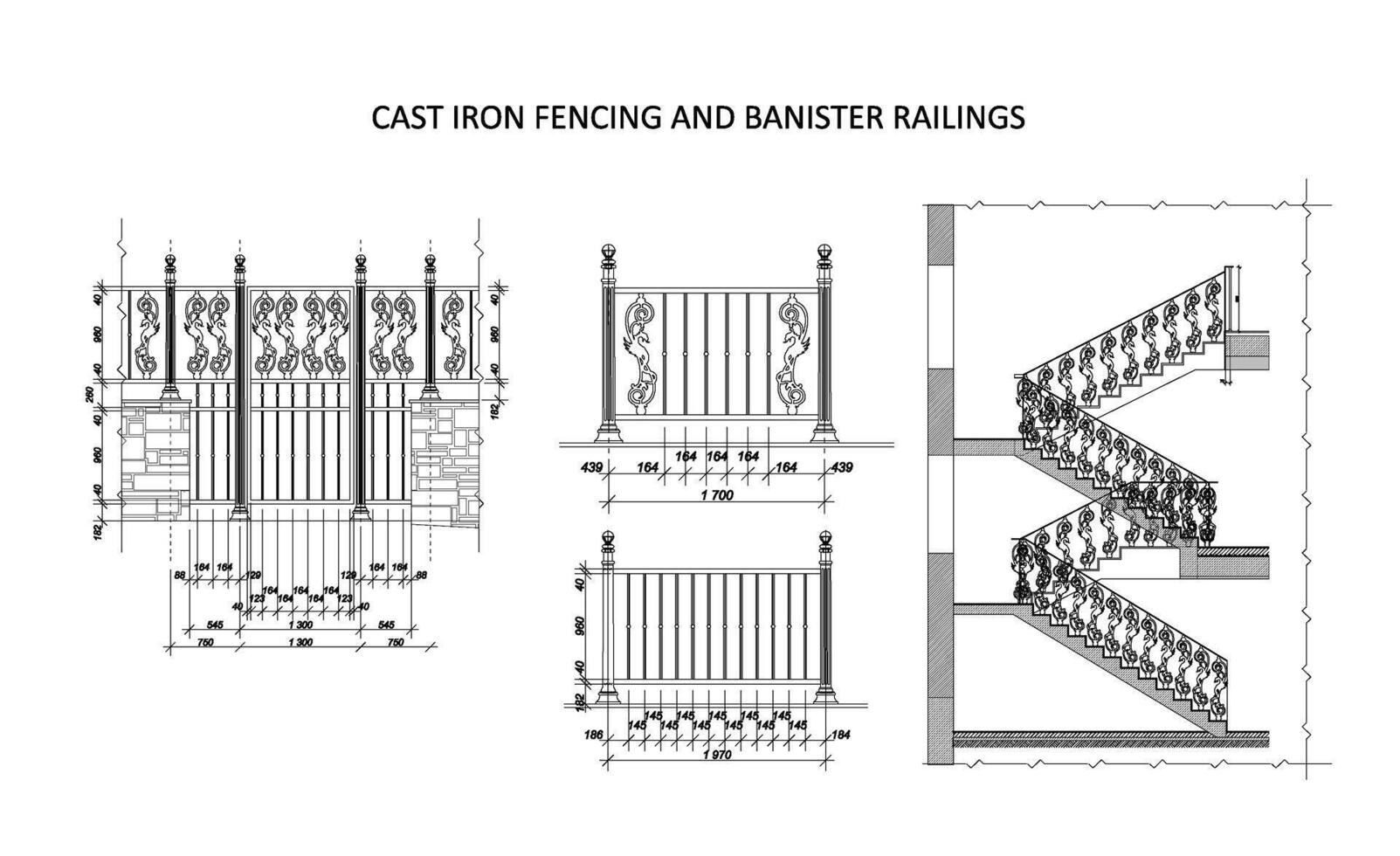 Vector illustration of cast iron fencing and banister railings architectural plan