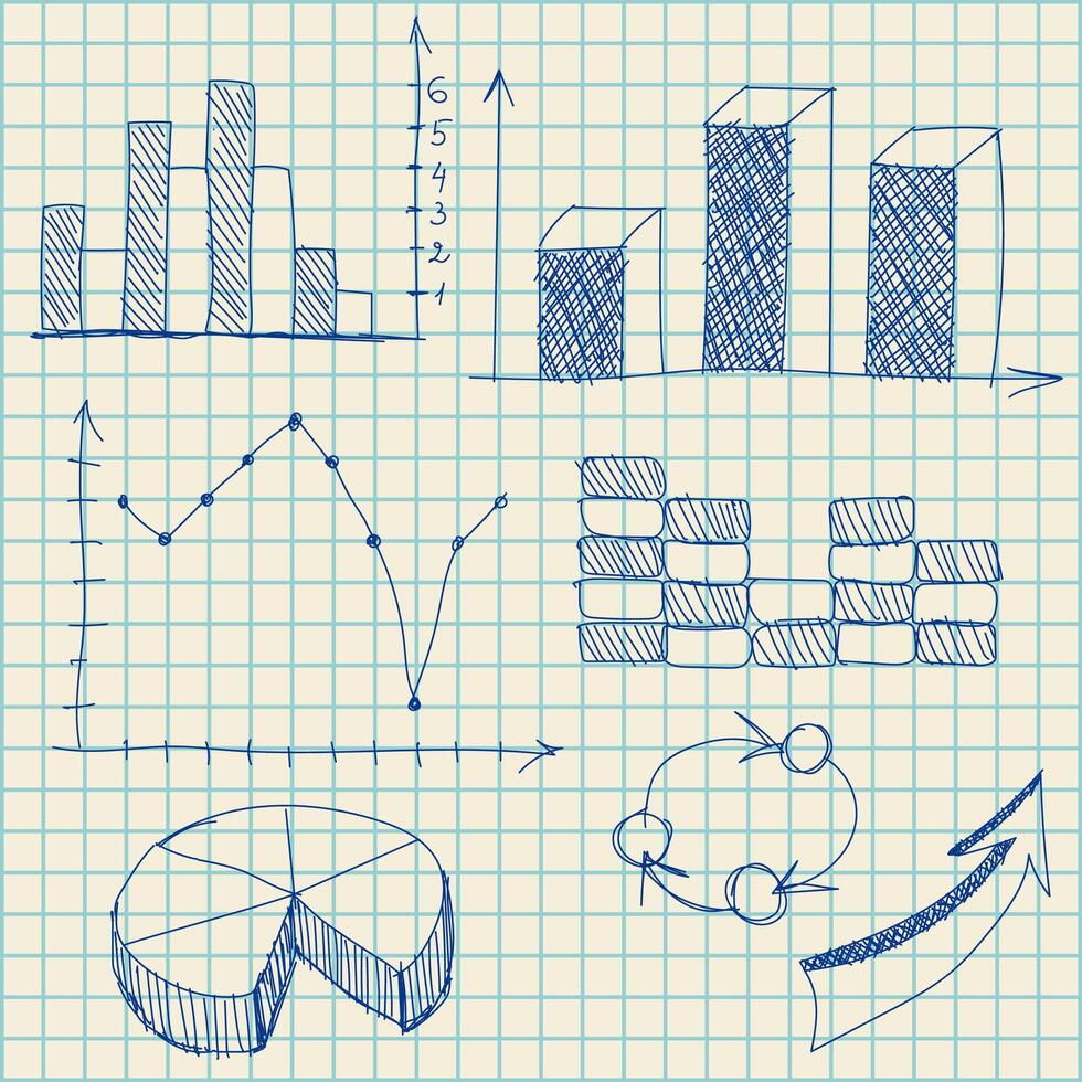 Checked copy book for math practice with hand drawn infographic elements, vector