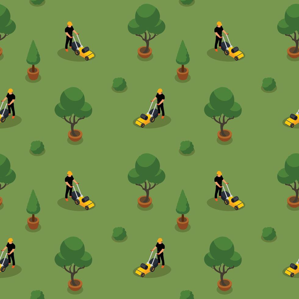 Isometric seamless pattern with a lawn care workers vector