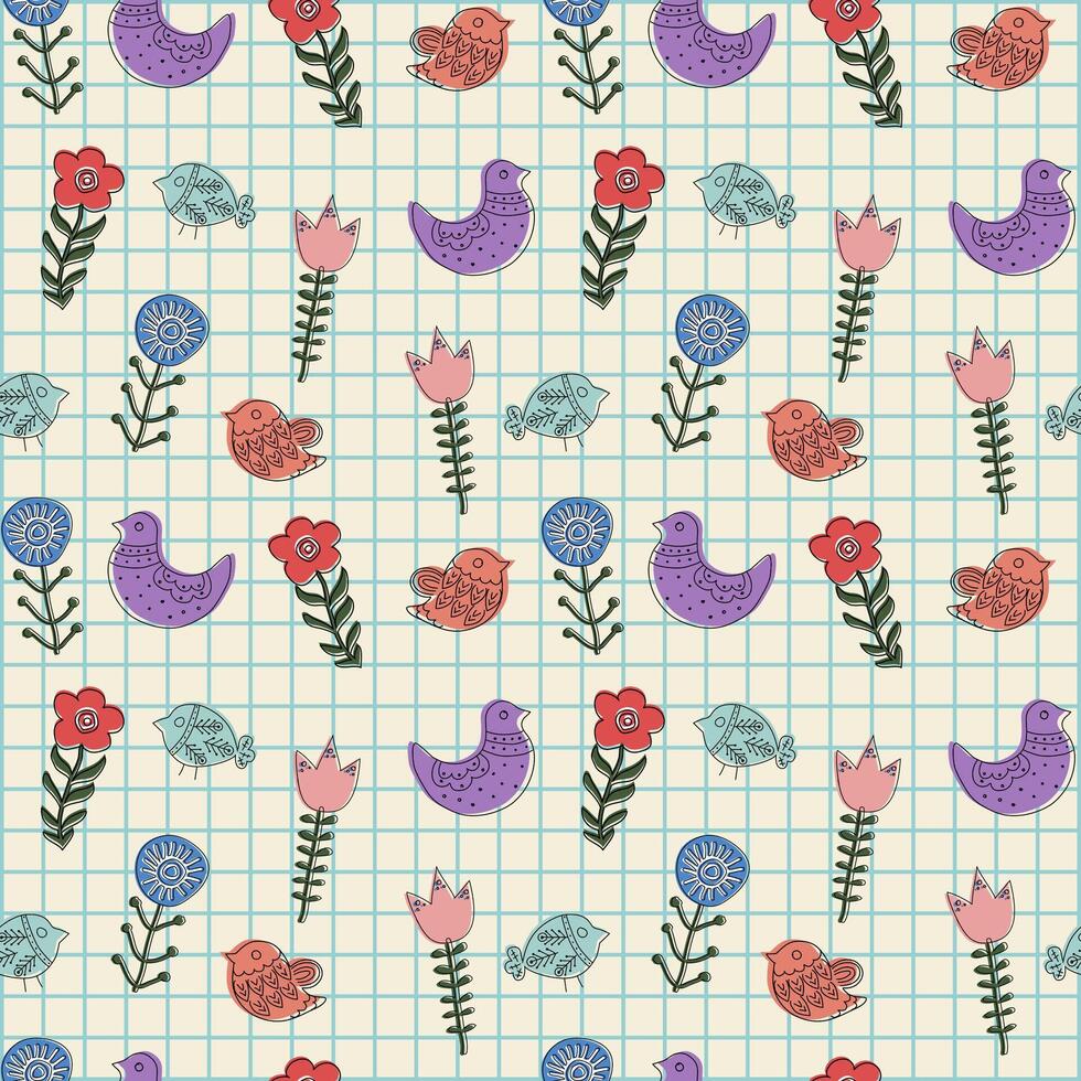 vistoso vector sin costura modelo con étnico mano dibujado primavera flores y aves en un a cuadros cuaderno