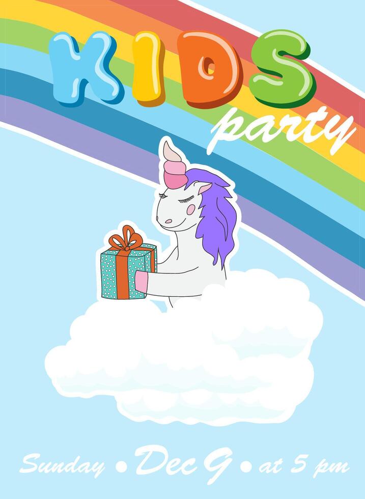 Vector hand drawn cartoon kids party invitation. Unicorn on clouds holding present