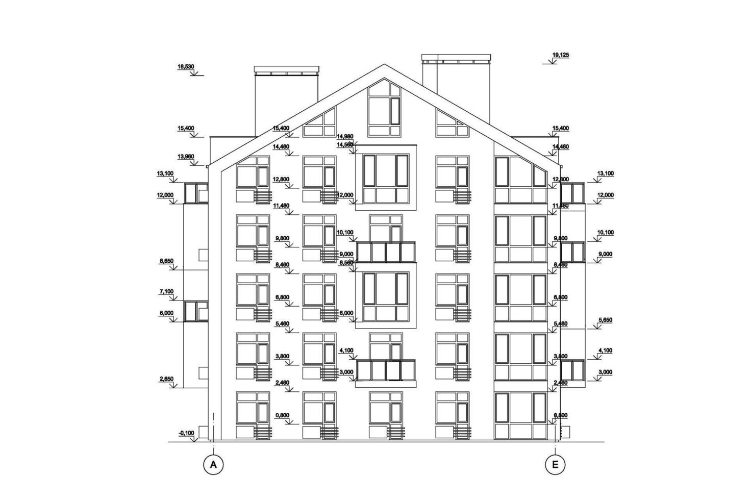 Multistory building section, detailed architectural technical drawing, vector blueprint