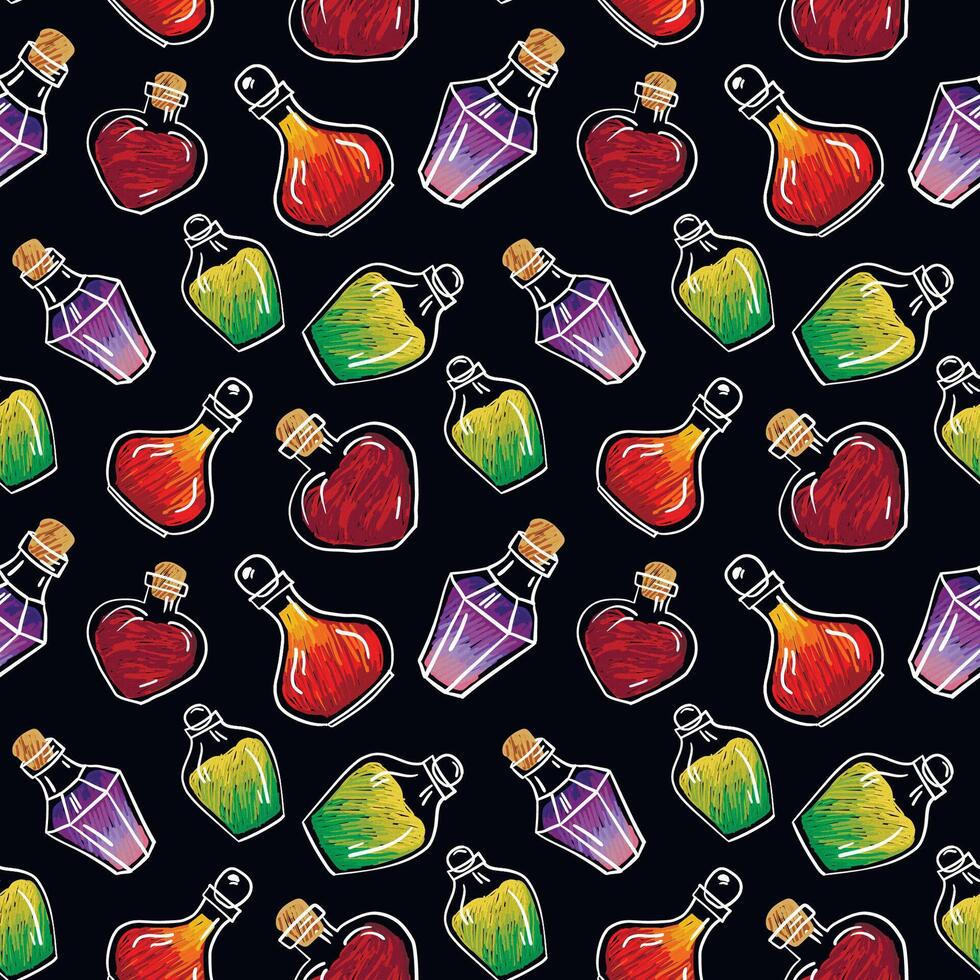 Hand drawn vector seamless pattern of glass bottles with colorful magic potion, witchcraft