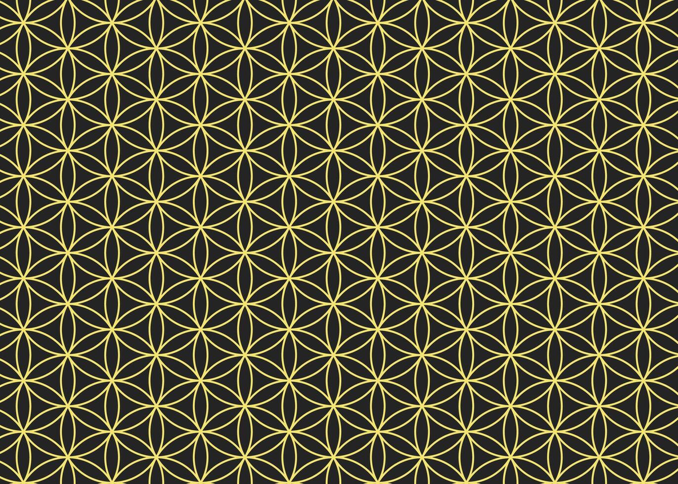 Abstract dark grey and yellow flower of life seamless pattern. Outline genesis sacred geometry texture vector template.