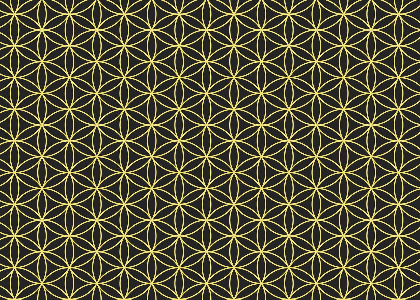 Abstract dark grey and yellow flower of life seamless pattern. Outline genesis sacred geometry texture vector template.