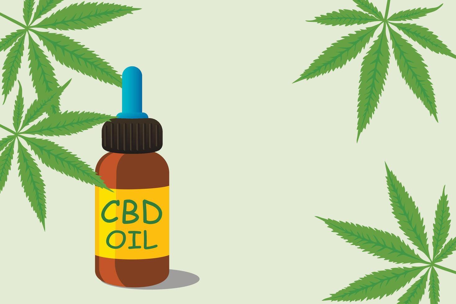 Hand drawn bottle of cbd oil and marijuana leaves with negative space. Flat vector background