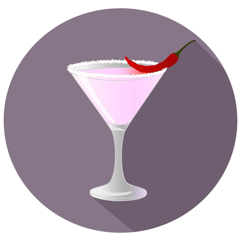 Hand drawn vector illustration of spicy chili infused cocktail, in a violet circle with long shadow and text. Bar menu