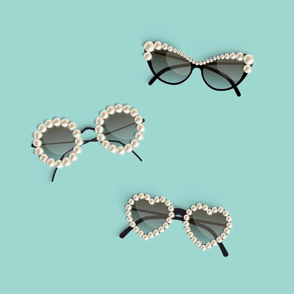 Set of realistic posh sunglasses of different shape decorated with pearls over turquoise background. Vector illustration