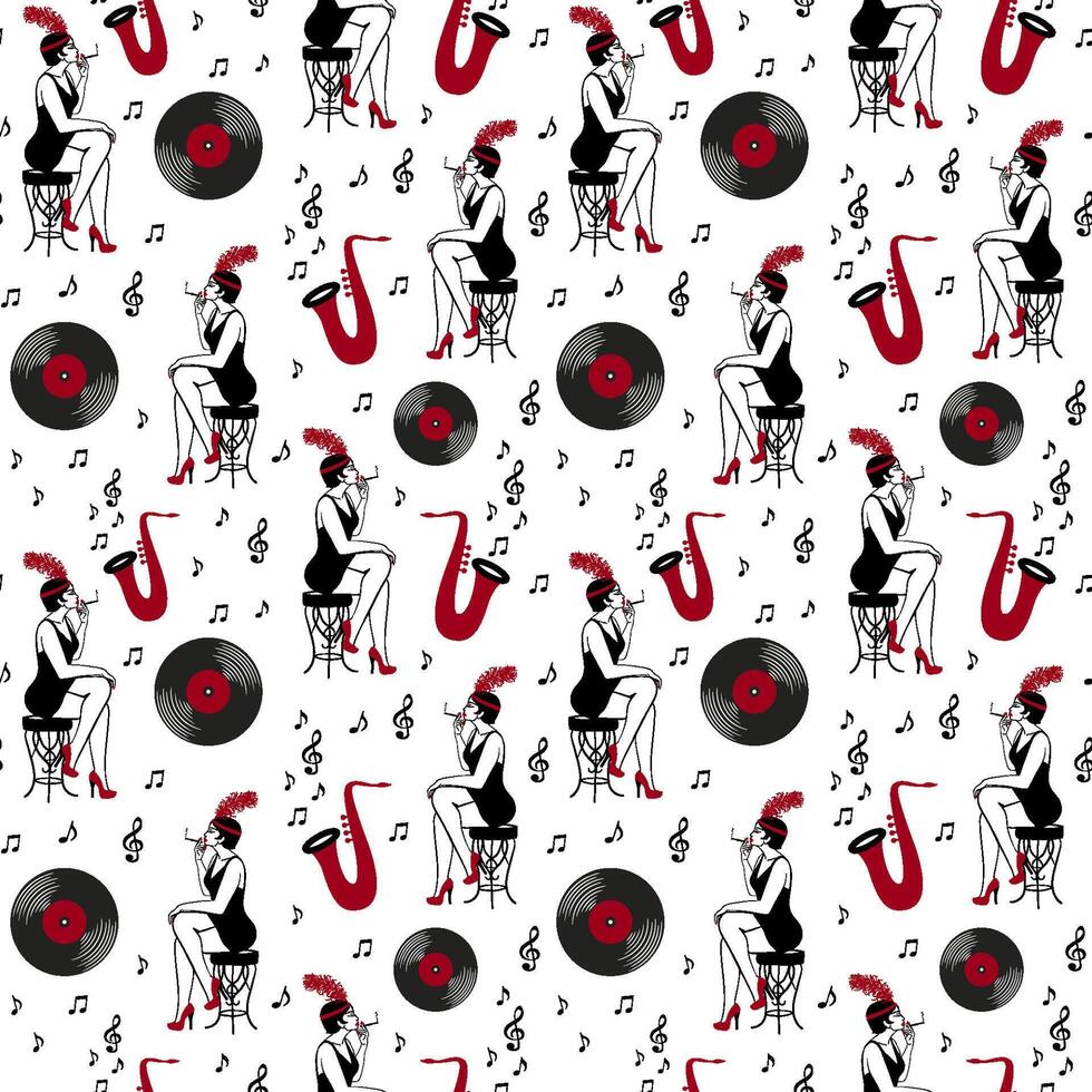 Seamless vector pattern of hand drawn black and red retro roaring 1920s vintage objects