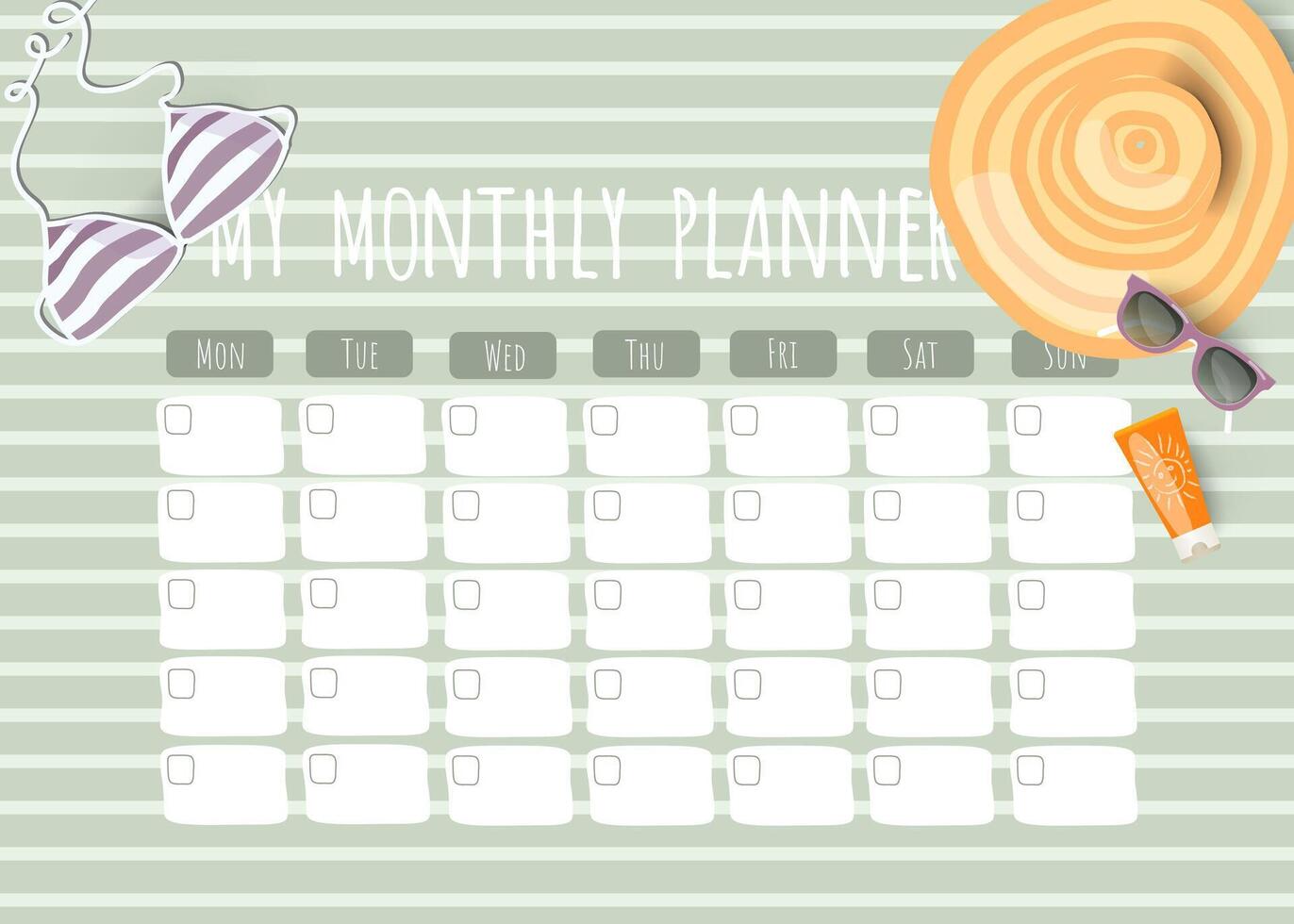 Vector tropical summer hand drawn monthly planner schedule template