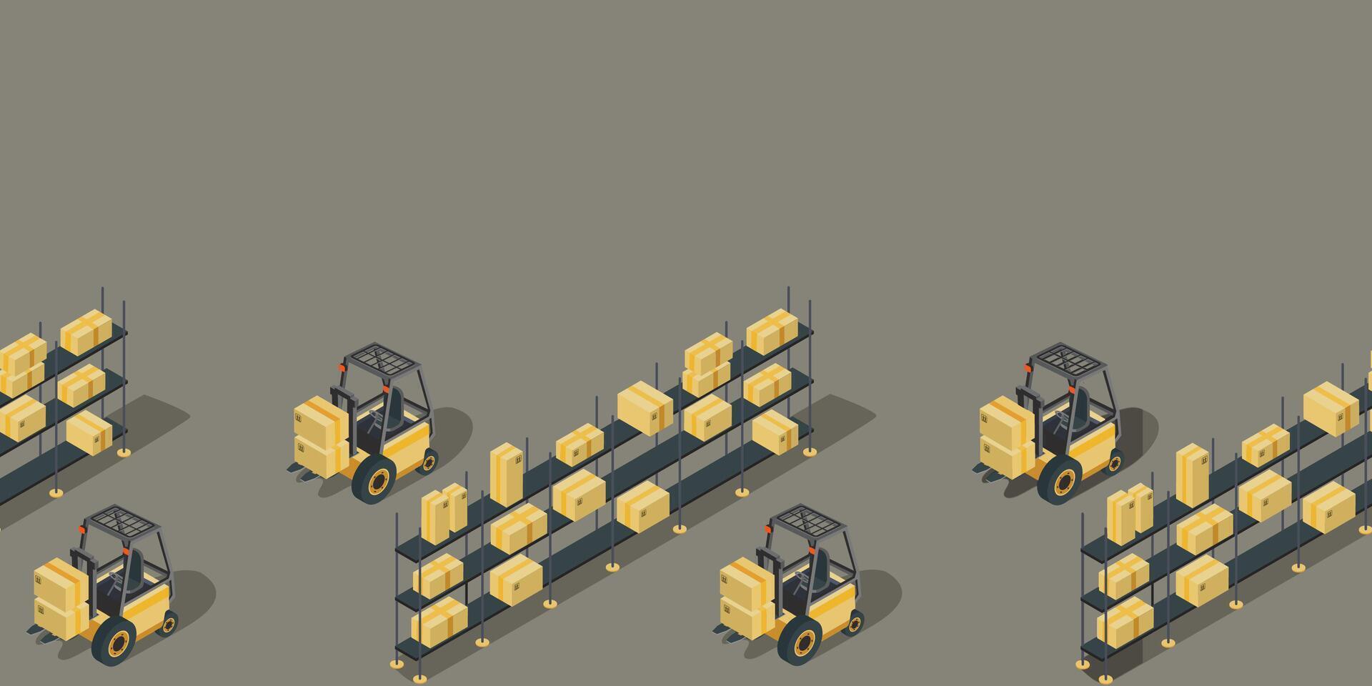 Seamless vector isometric border of warehouse shelves and forklifts.