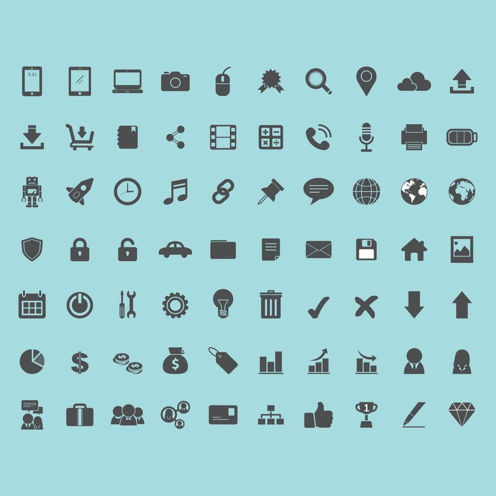 A set of icons that are on a blue background. vector