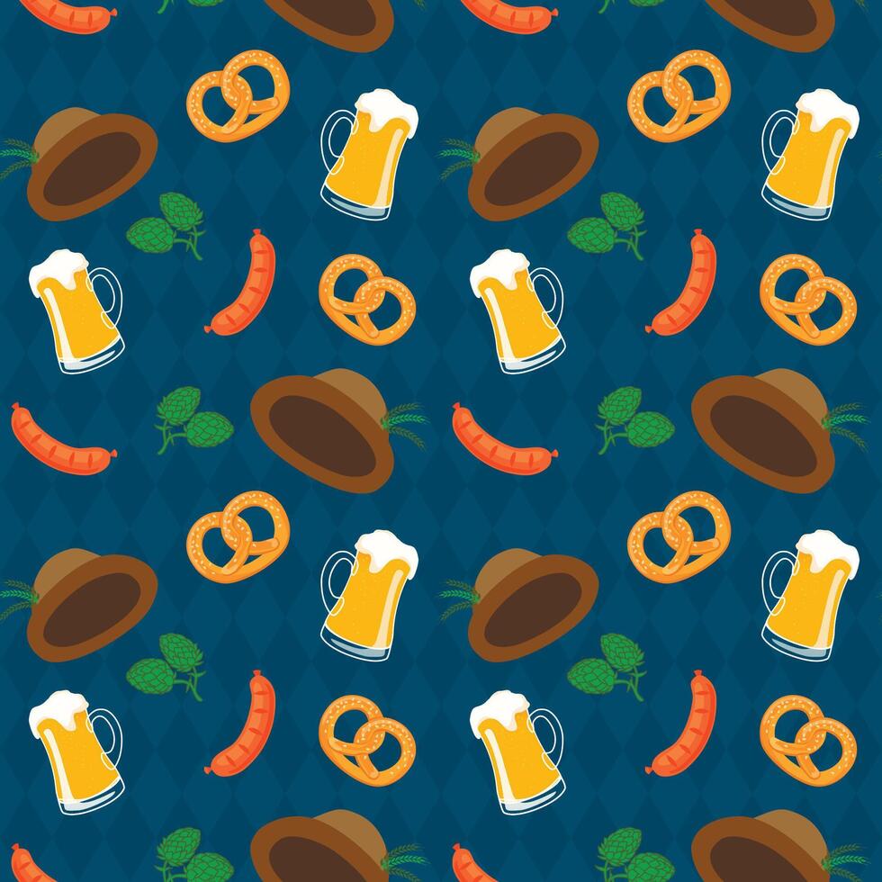 Vector seamless pattern of oktoberfest  with pretzels, beer mugs etc