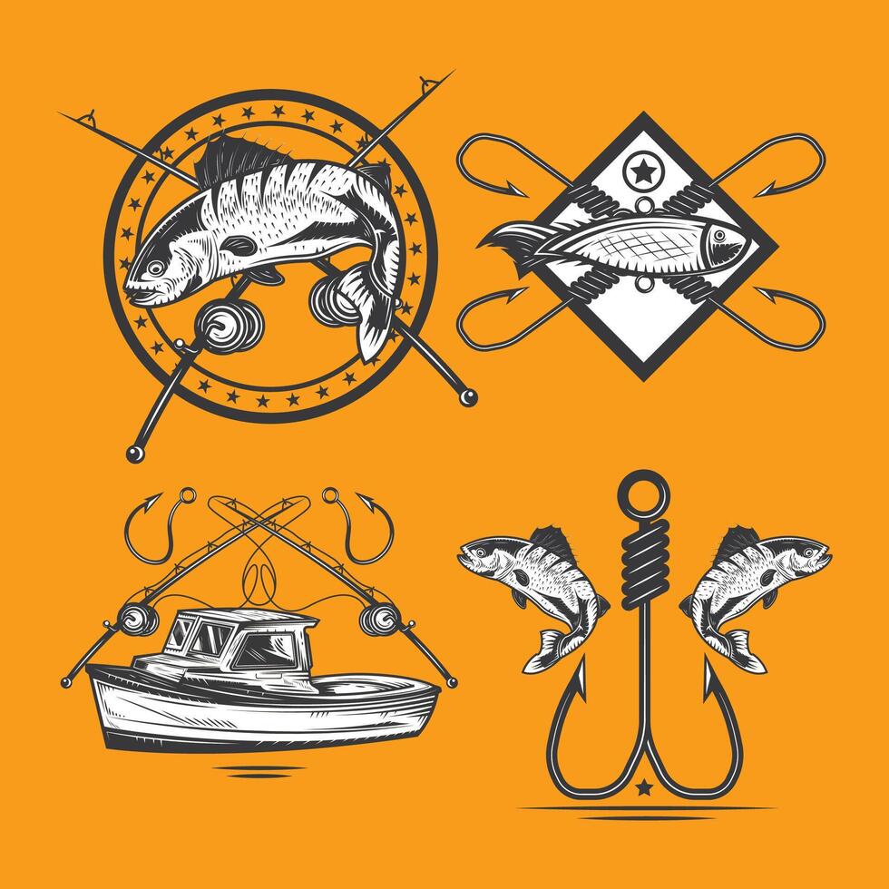Fishing emblems set with fishing hooks, boat and fish. vector
