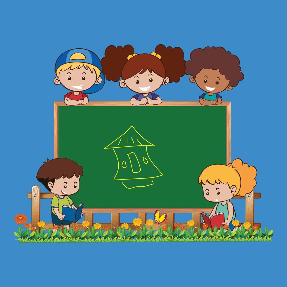 Children playing in front of a chalkboard with a house drawn on it. vector