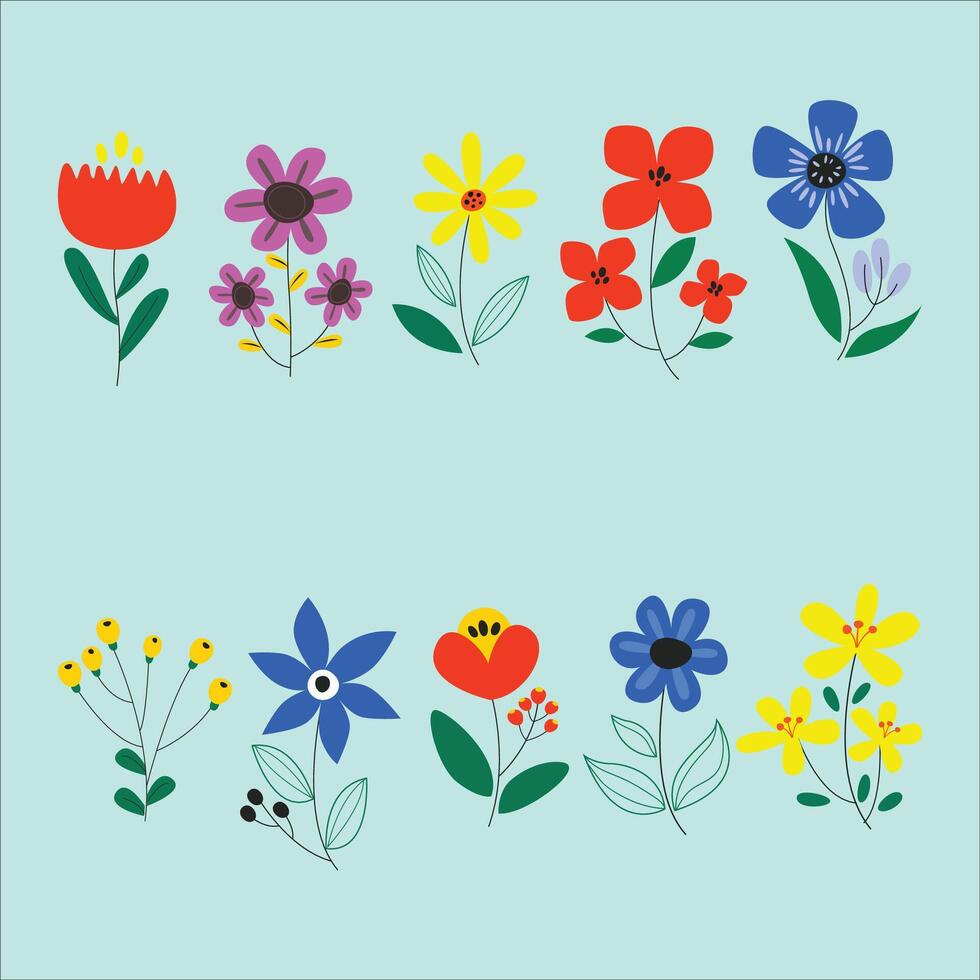 A set of colorful flowers on a blue background. vector