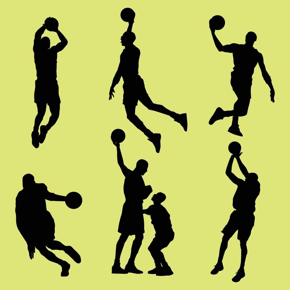 siluetas de baloncesto jugadores en un amarillo antecedentes. vector