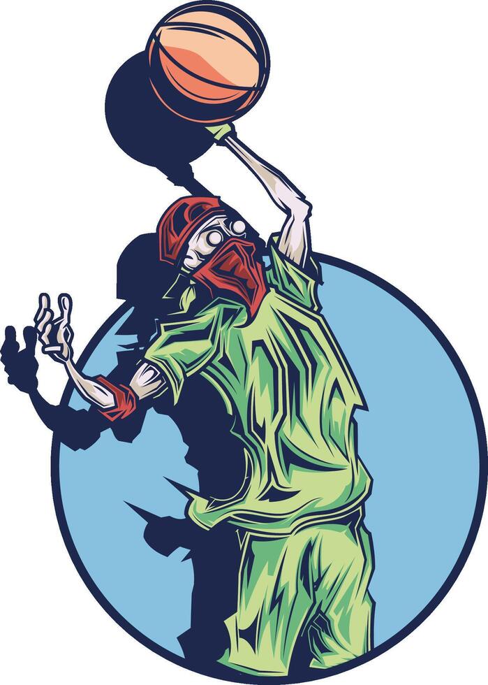 A cartoon skeleton basketball player with a ball in his hand. vector