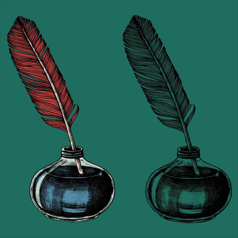 Two inkwells with a feather and ink bottle vector. vector