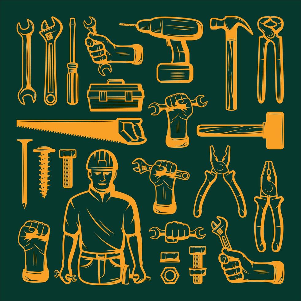 mano dibujado herramientas y herramientas para construcción y reparar. vector