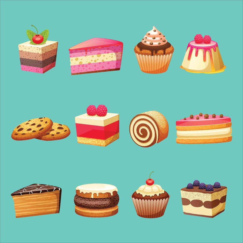 Vector set of different cakes and desserts.