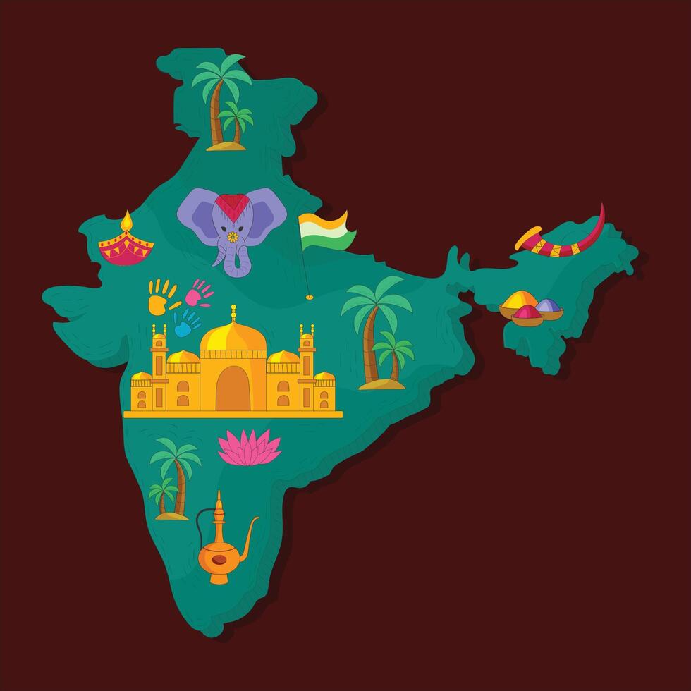 India map with various symbols and icons. vector