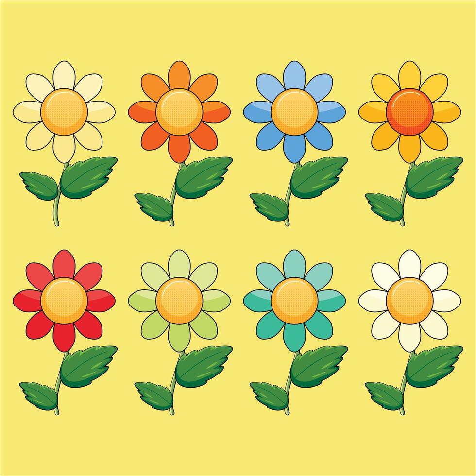 A set of six flowers with leaves and stems. vector