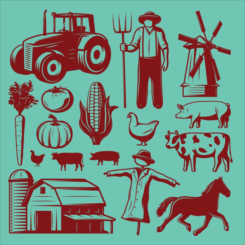agricultores y animales íconos conjunto vector. vector