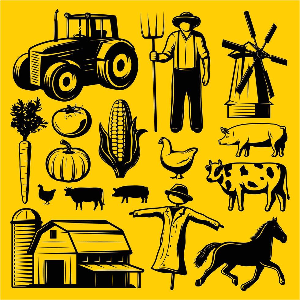 Farmers and farm animals on a yellow background. vector