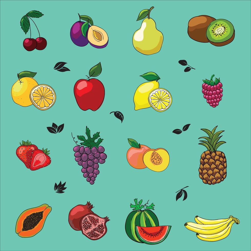 A set of fruit icons on a blue background. vector