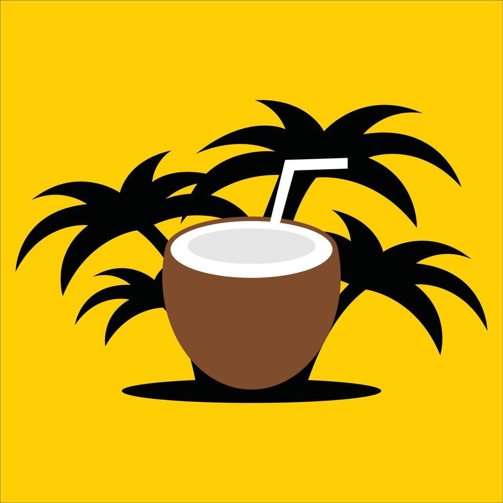 A coconut with a straw and palm trees on a yellow background. vector