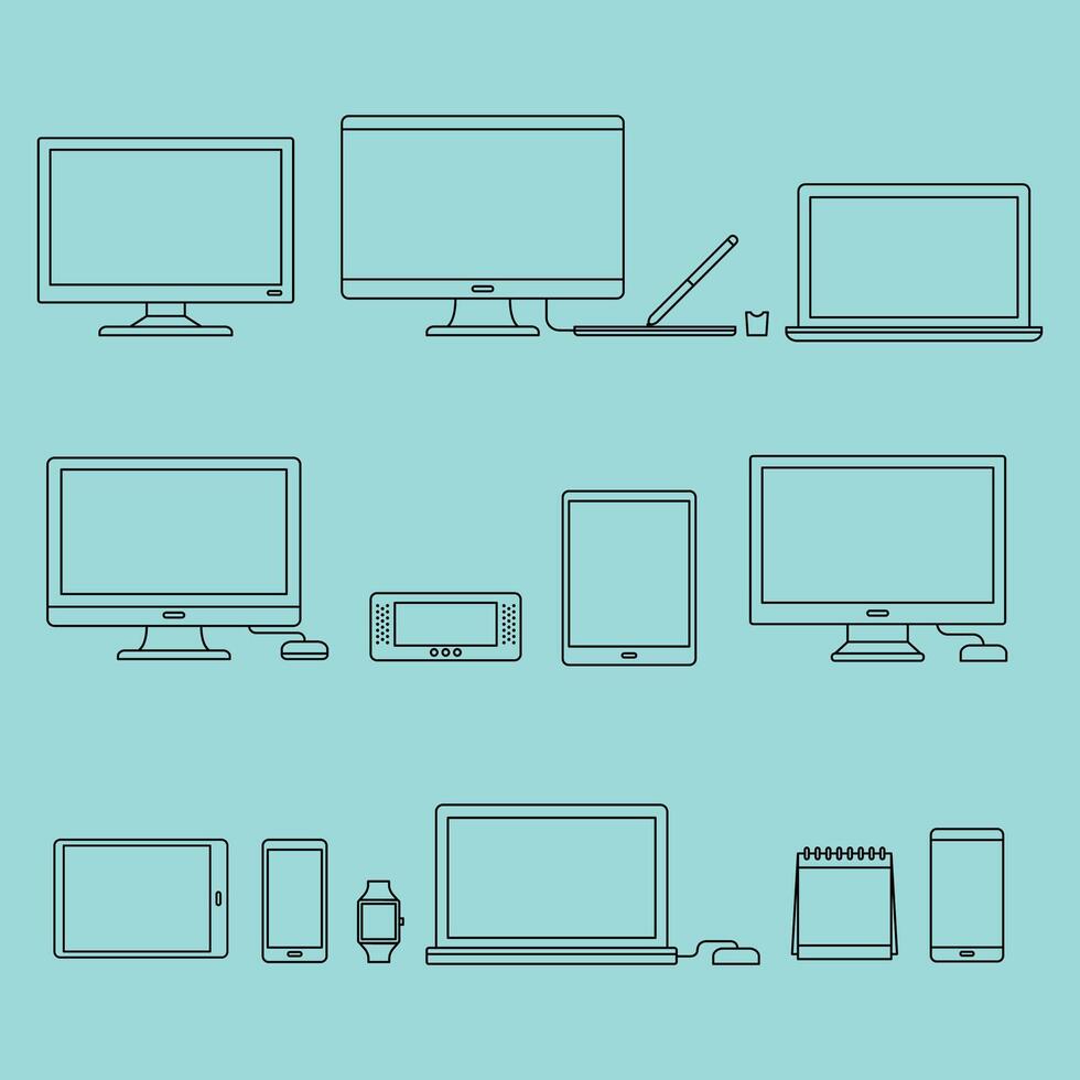 Computer, tablet, phone, laptop, monitor, mouse, keyboard, mouse, tablet, phone. vector