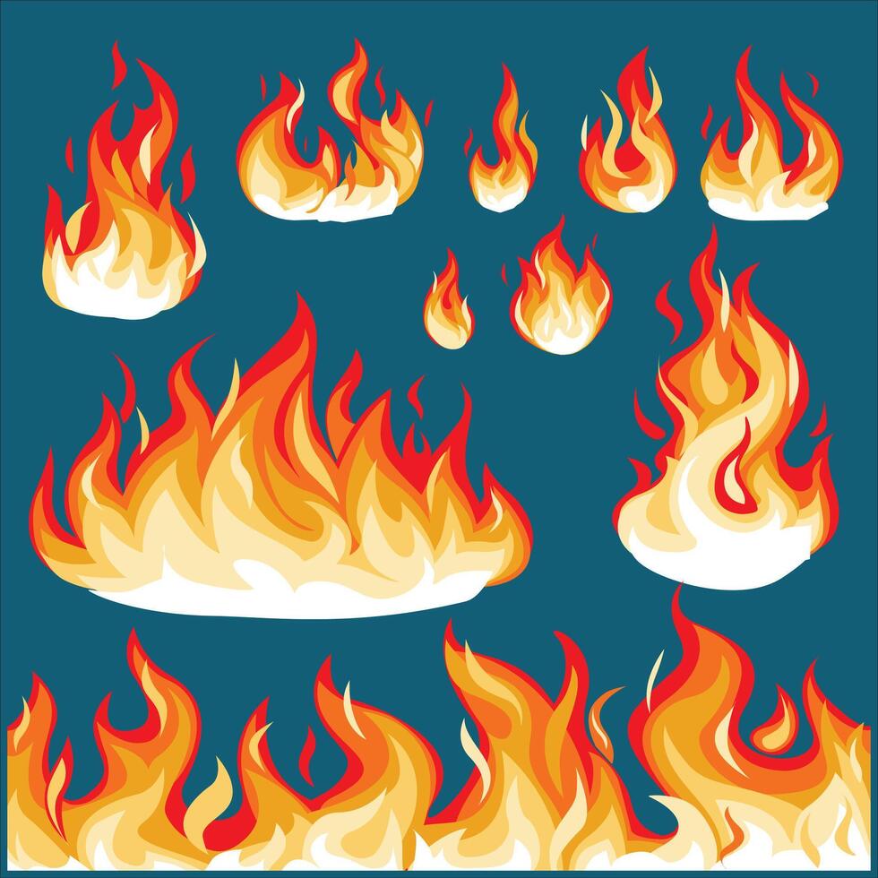 Fire flames vector illustration set.