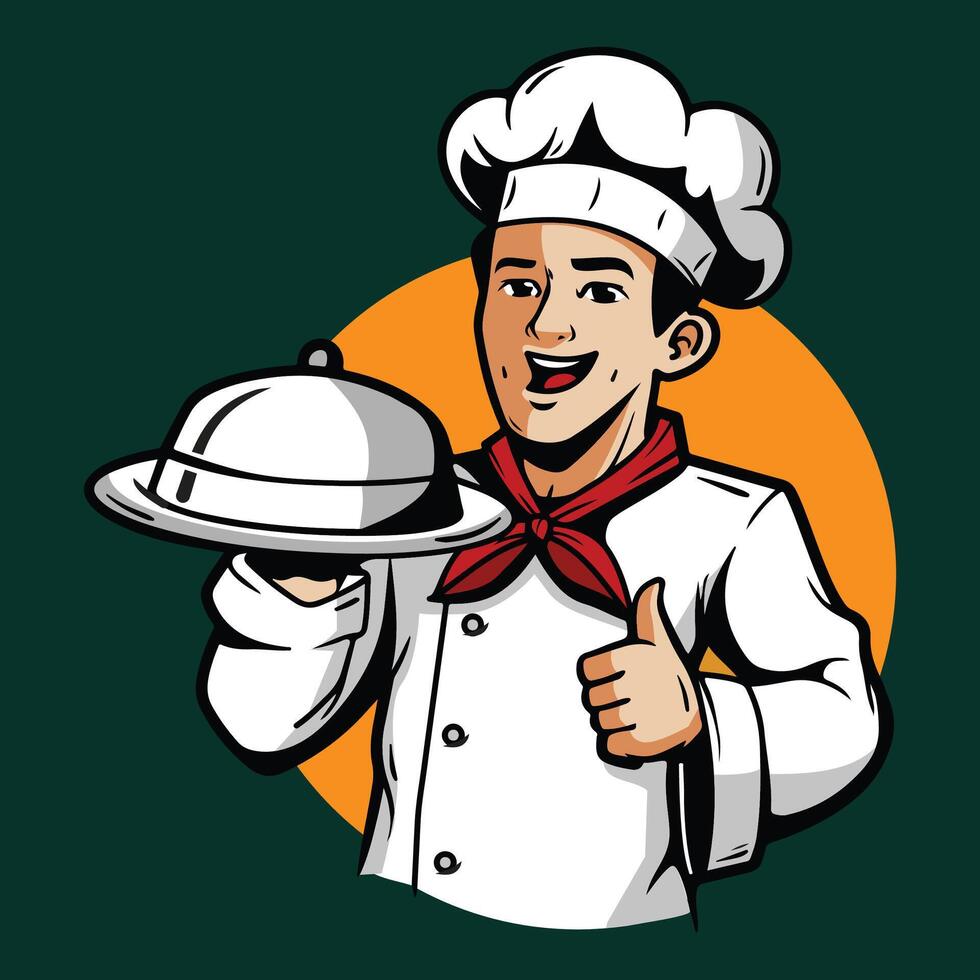 Chef holding a platter with a thumb up. vector