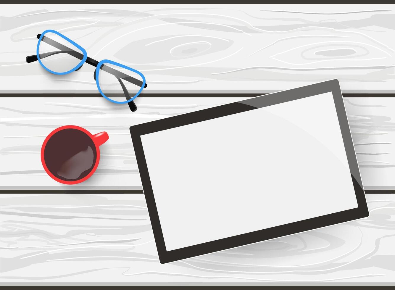 Hand drawn flat lay Mockup of blank tablet, eyeglasses and a cup of coffee on white wooden table vector