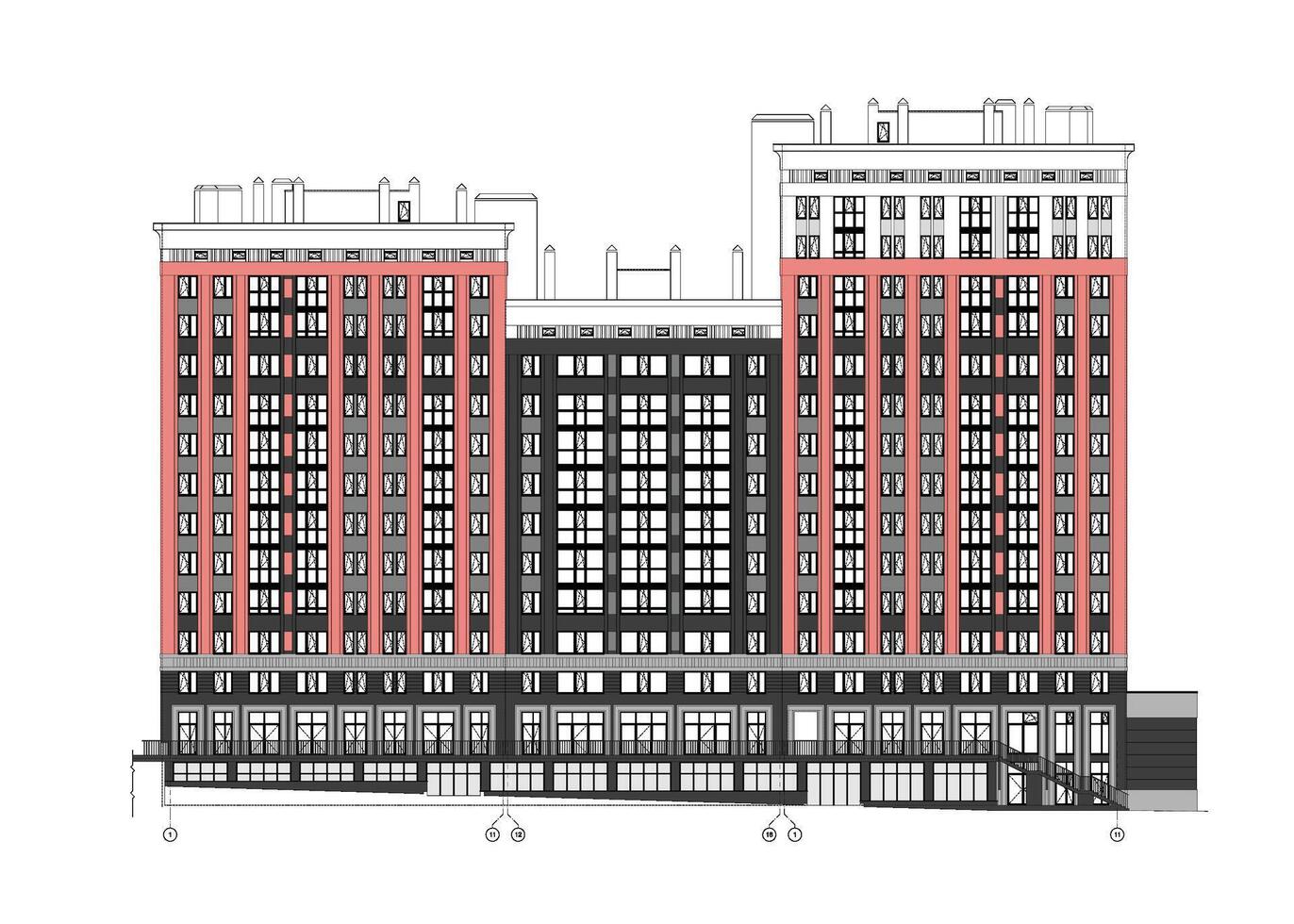 Multistory building facade, detailed architectural technical drawing, vector blueprint