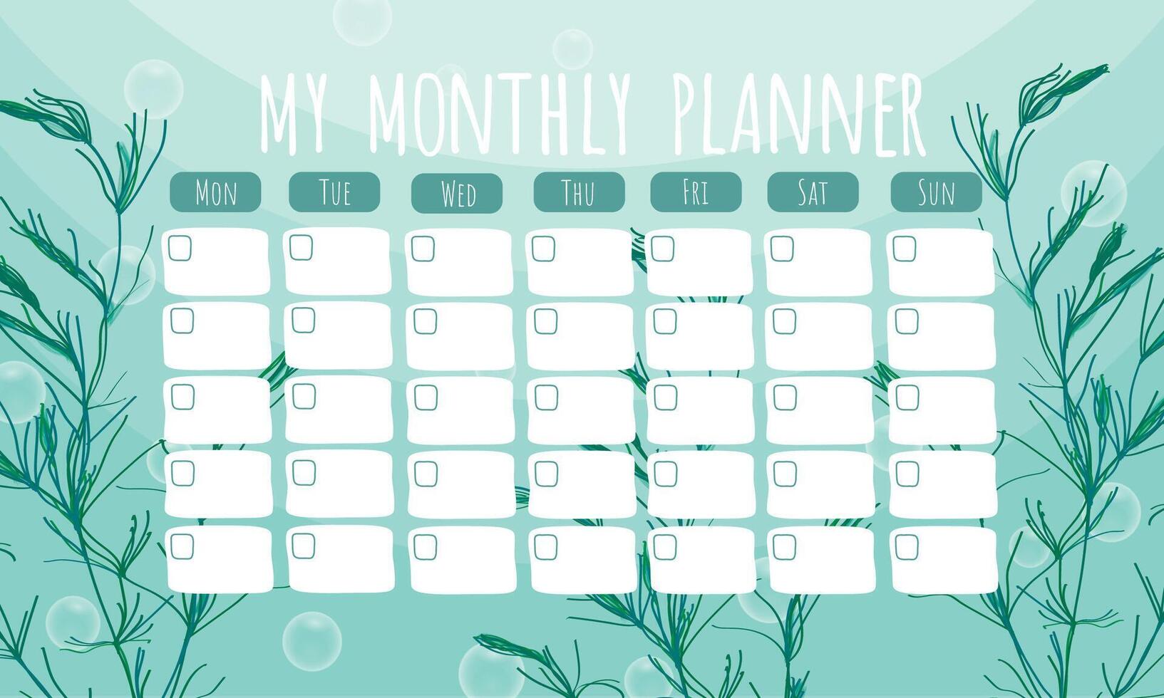 Marine life monthly planner schedule with seaweeds.  Vector stationary template