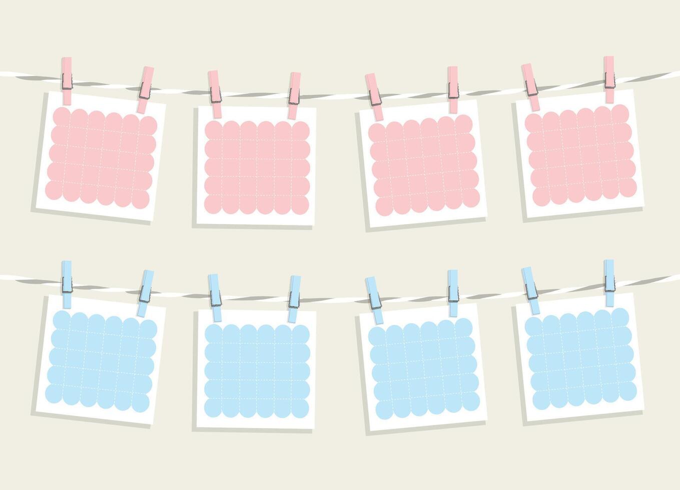 Cute cartoon blank paper templates hanging on a rope with clothes pins. Baby shower concept vector