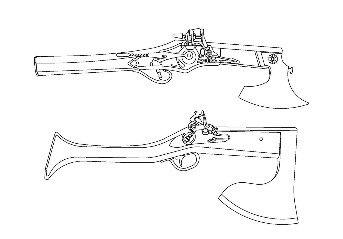 vector dibujos animados mano dibujado conjunto de Clásico chispa pistola y batalla hacha combinación arma