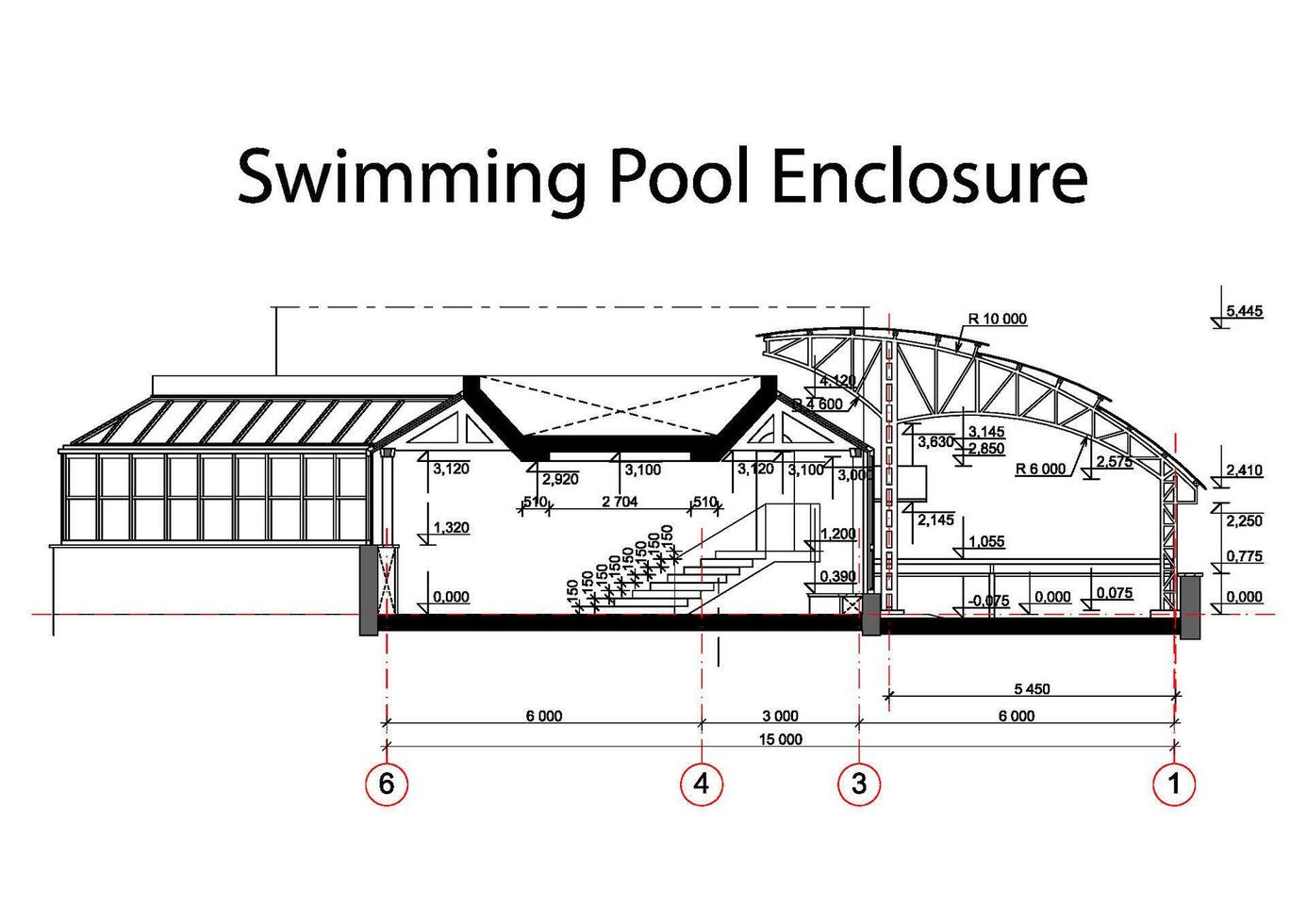 Detailed architectural drawing of swimming pool enclosure with measurements. Technical industrial vector illustration