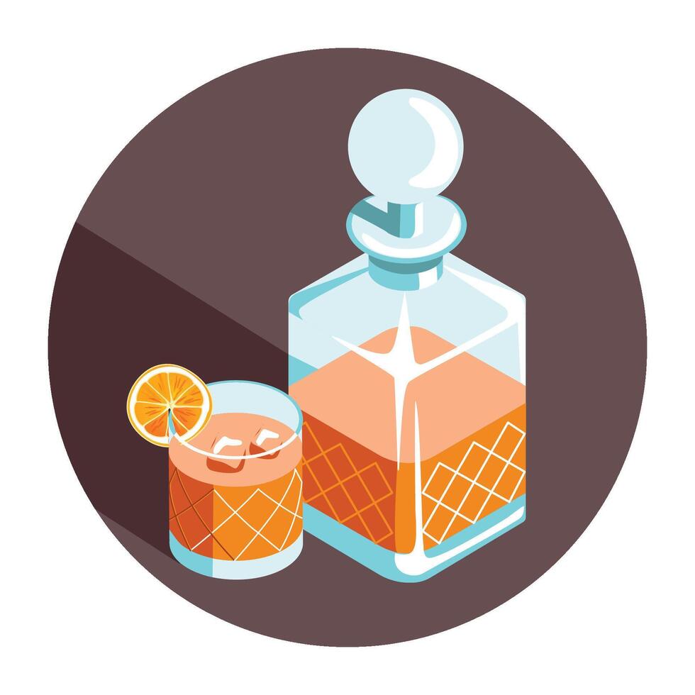 Hand drawn vector illustration of a decanter and a glass of whiskey or brandy cocktail with a citrus orange slice
