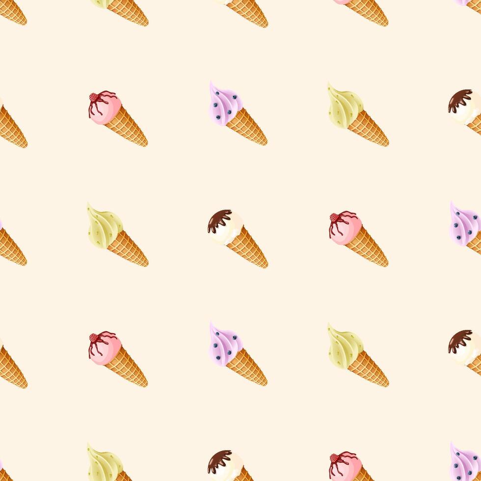 Vector seamless pattern with hand drawn ice creams with different flavors and decoration.