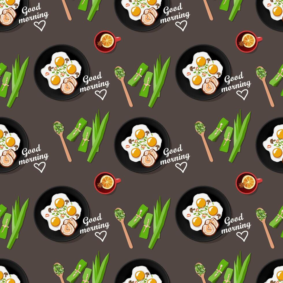 Seamless vector pattern of homemade breakfast  with bacon, fried eggs in a pan, a cup of lemon tea and pandan leaves spices. Top view  flat lay