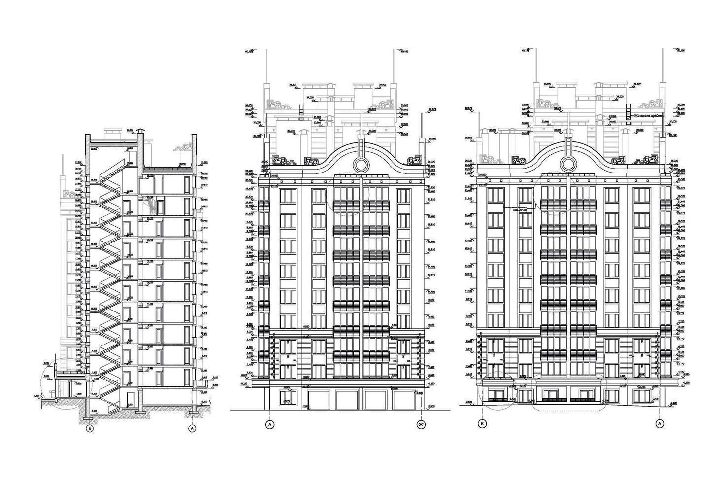Multistory building facades, detailed architectural technical drawing, vector blueprint